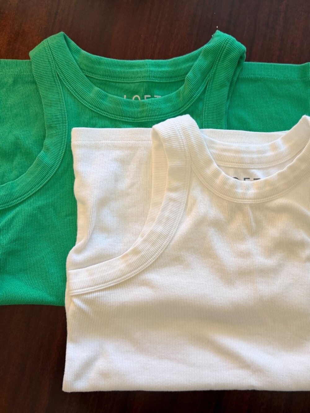 LOFT Ribbed High Neck Tank Tops Green White 2-Pack Medium